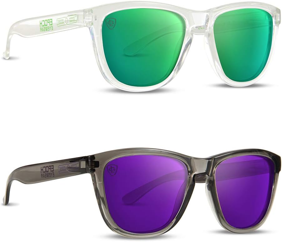 

Солнцезащитные очки Epoch Eyewear LXE с поляризационными линзами, 2 пары: прозрачная оправа с зелеными зеркальными линзами и серая оправа с фиолетовыми зеркальными линзами, Green & Purple