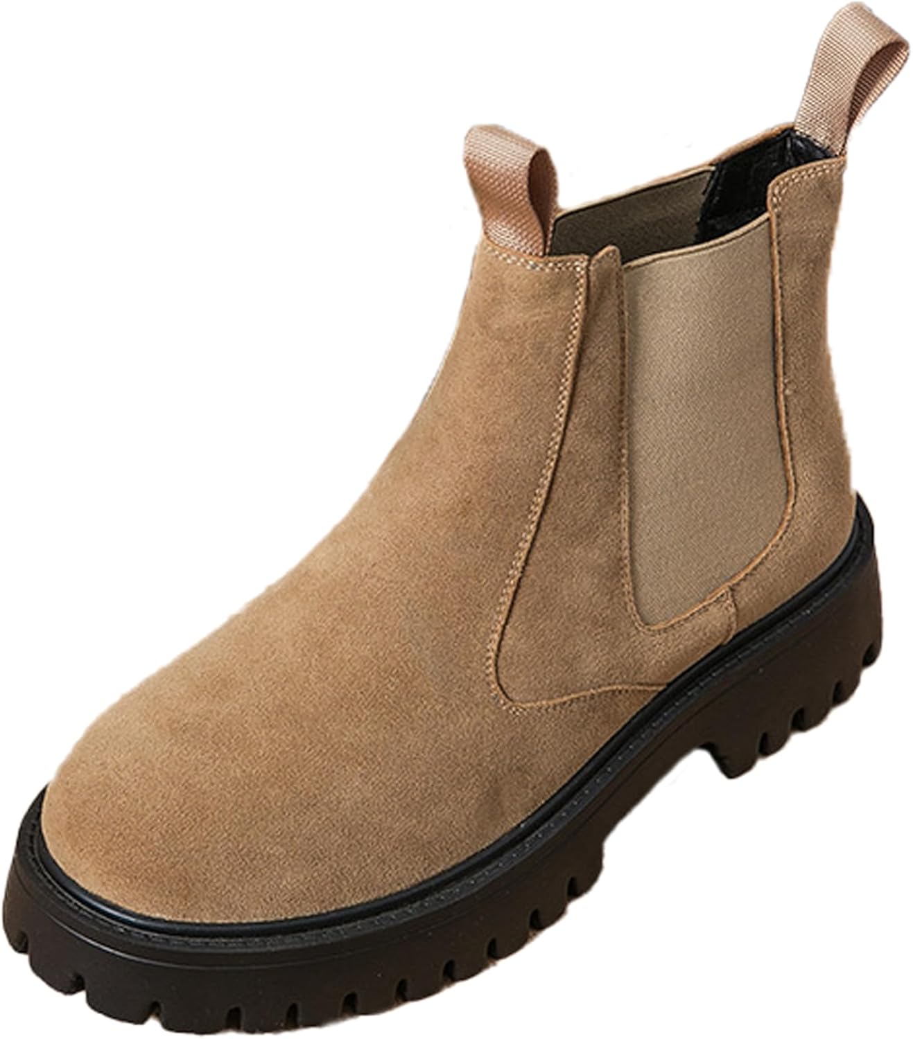 

Мужские замшевые массивные ботинки на платформе Chelsea с классическим круглым носком, эластичной вставкой, на подошве с протектором, ботинки до щиколотки, повседневные, нескользящие, для офиса и делового стиля Qeosnbx, коричневый