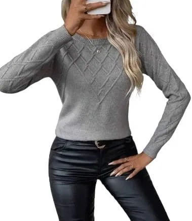 Женский свитер с круглым вырезом, с длинным рукавом, Argyle Knit, серый — фото 2