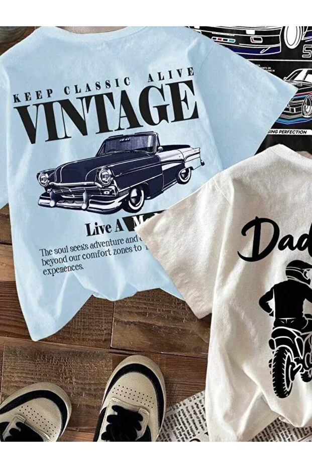 Детский комплект футболок для мальчиков с принтом Vintage Dad + Me Vinraus Giyim, Bebemavisiyahbeyaz — фото 4