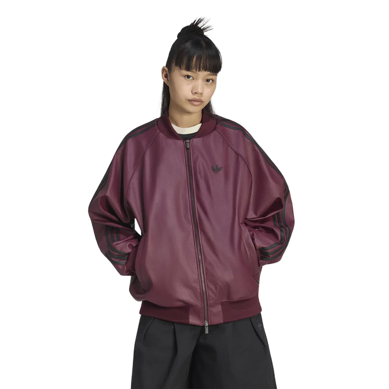 Женская куртка Oversized Track Top с имитацией кожи, модель Pleather SST, adidas, Maroon/Black/Dark Football Gold