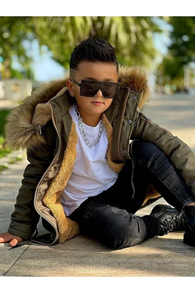 Детское пальто для девочек с капюшоном Fur-Lined coat with detachable hood Tunay Moda, Khaki — фото 4