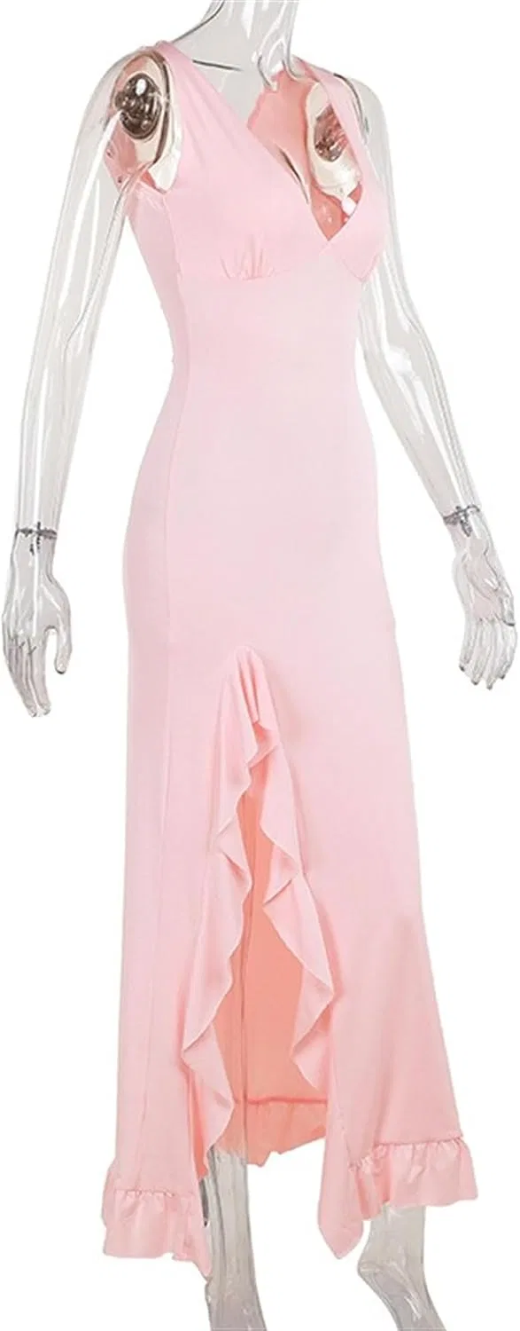 Женское летнее макси-платье с V-образным вырезом Mesh Ruffle Hem, Pink — фото 2
