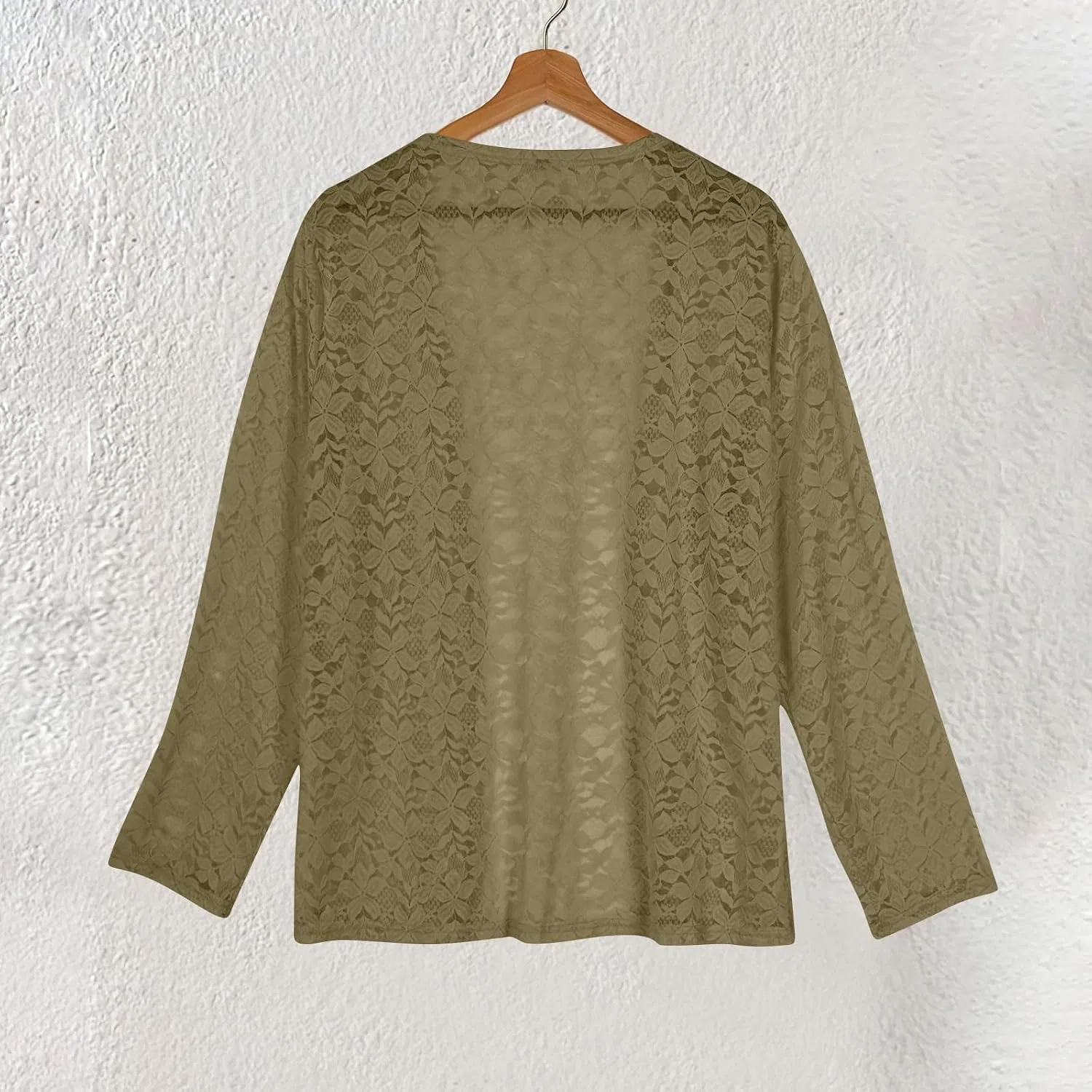 Женский легкий кардиган без застежки с кружевной сеткой, Long Sleeve Loose Cardigans, зелёный — фото 3