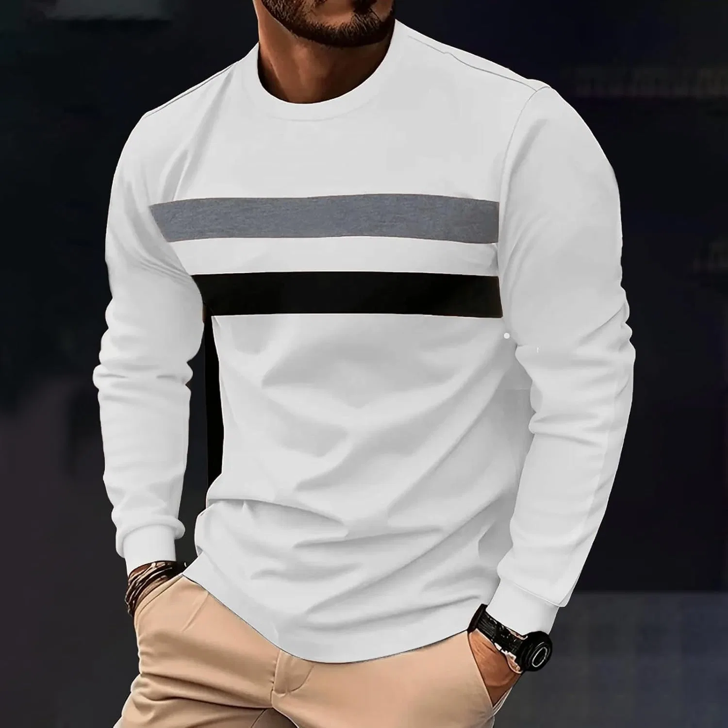 Мужская футболка с длинным рукавом в полоску Golf Regular Round Neck, White — фото 2