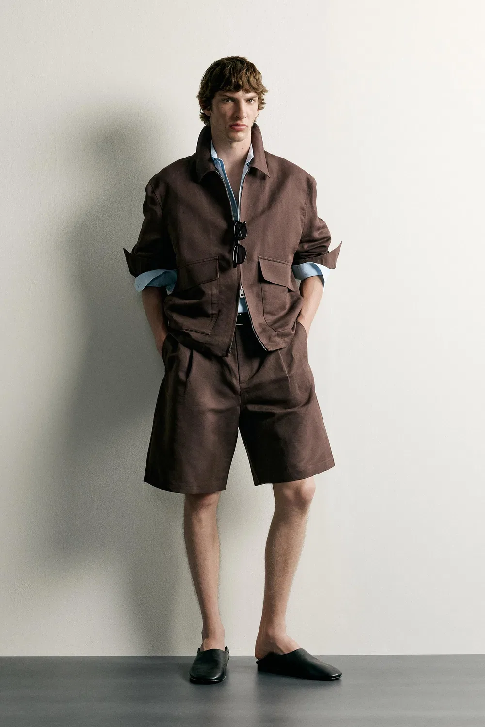 Рубашка свободного кроя из льна и хлопка. ZARA, Brown