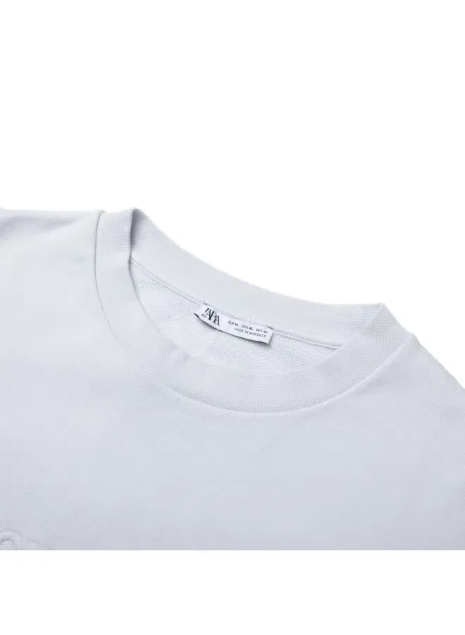Свитшот с подвернутыми краями хлопковый Zara, бело-голубой — фото 4
