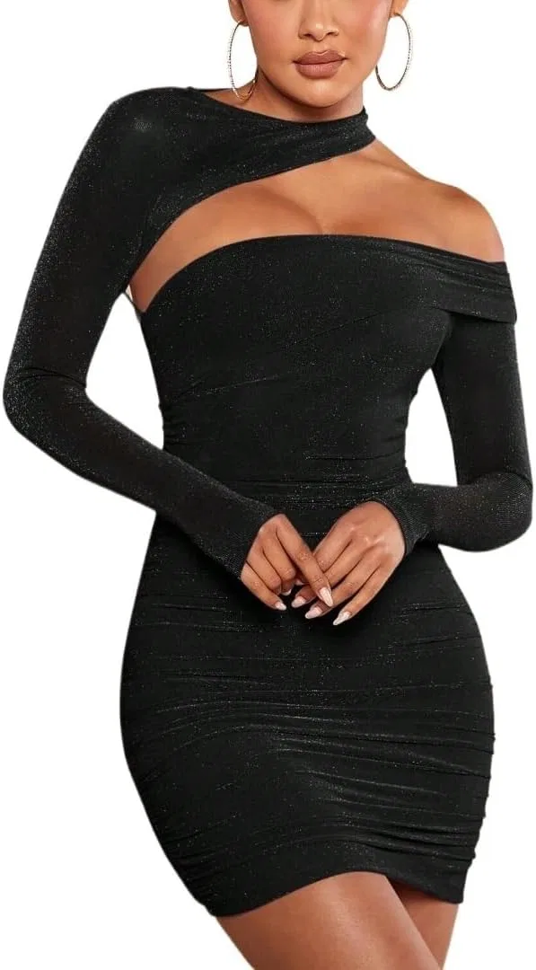 Женское облегающее мини-платье с асимметричным вырезом Bodycon, Black