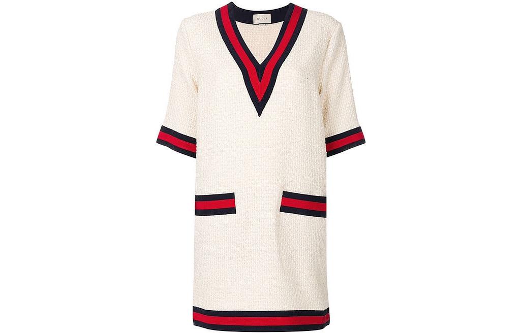 

Gucci Женское платье с короткими рукавами, цвет экрю, V-образный вырез, средней длины