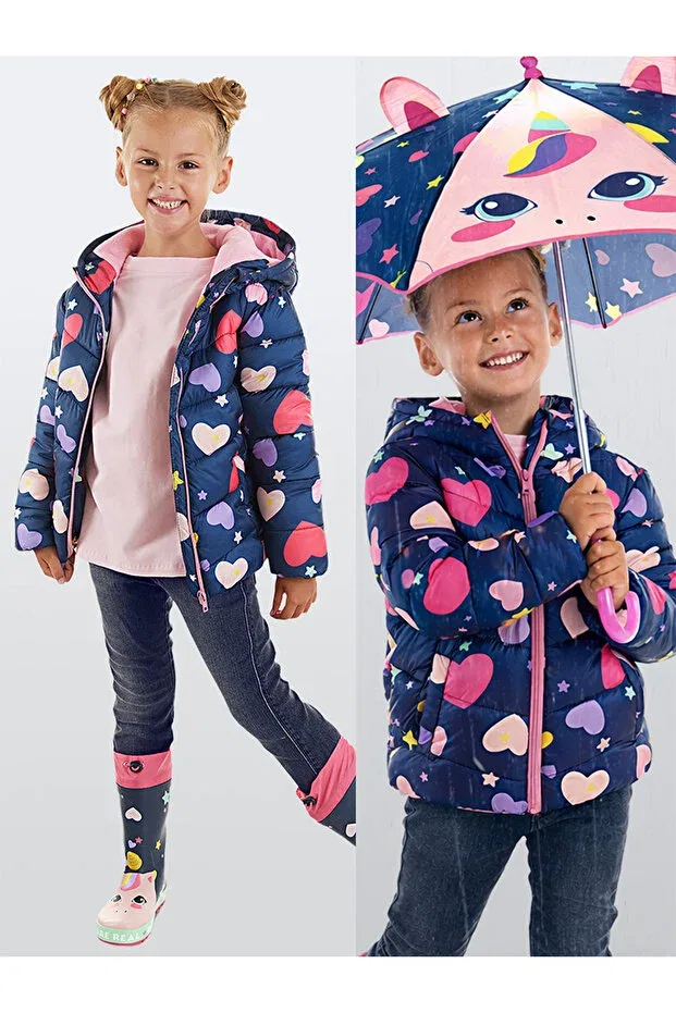 Детское пальто для девочек водонепроницаемое Unicorn Girl's Water Repellent Hooded Navy Blue Coat Denokids, Navy Blue
