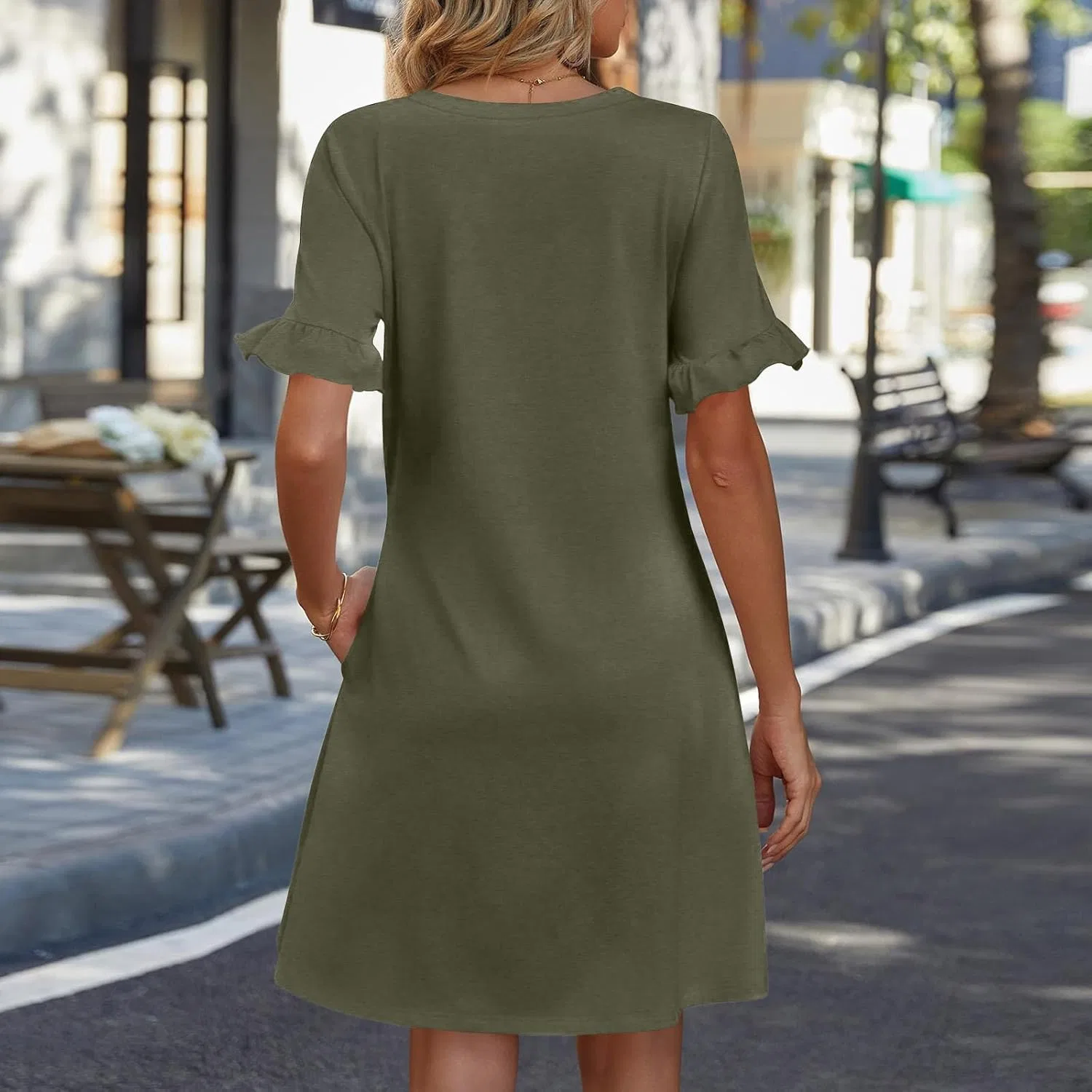 Платье повседневное A-силуэта с V-вырезом, Solid, Army Green — фото 3