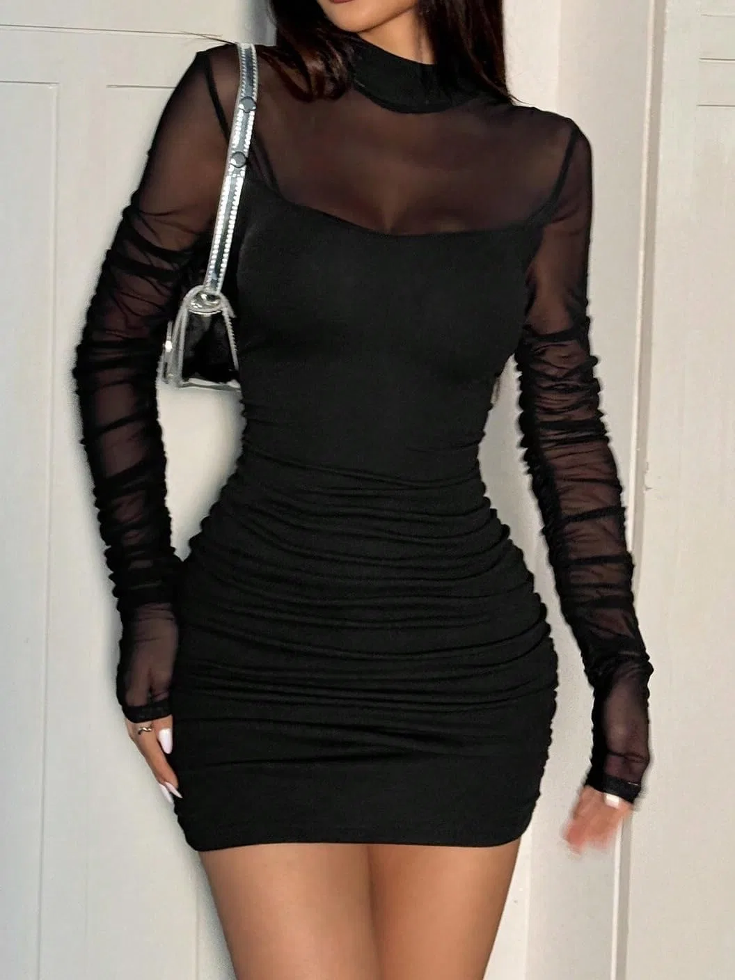 Женское мини-платье bodycon с сеткой и драпировкой, Black — фото 2