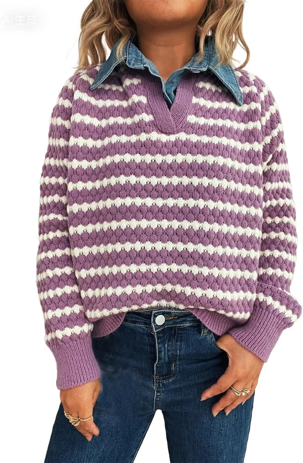 Женский свитер-пуловер с V-образным вырезом и отложным воротником, Vintage Cable Knitted