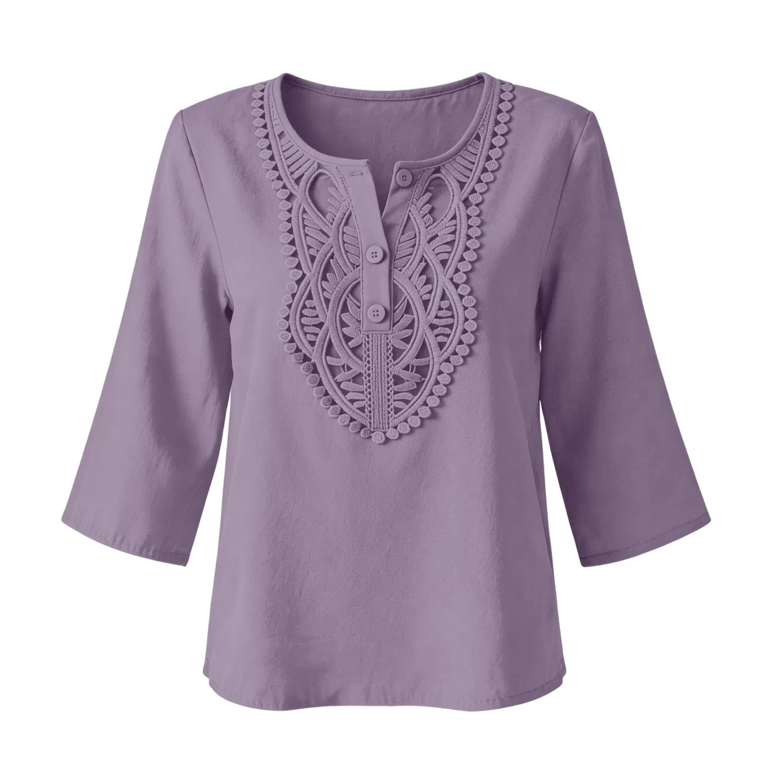 Женская льняная туника с вышивкой Retro 3/4 Sleeve Boho Casual Loose Fit Lightweight Summer Beach Blouse, A-purple — фото 4