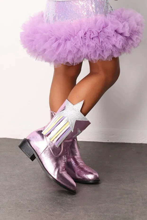 Детские ботинки для девочек с принтом Pink Star And Tassel Detailed Girls' Cowboy Boots Generic Brands, Pink — фото 2