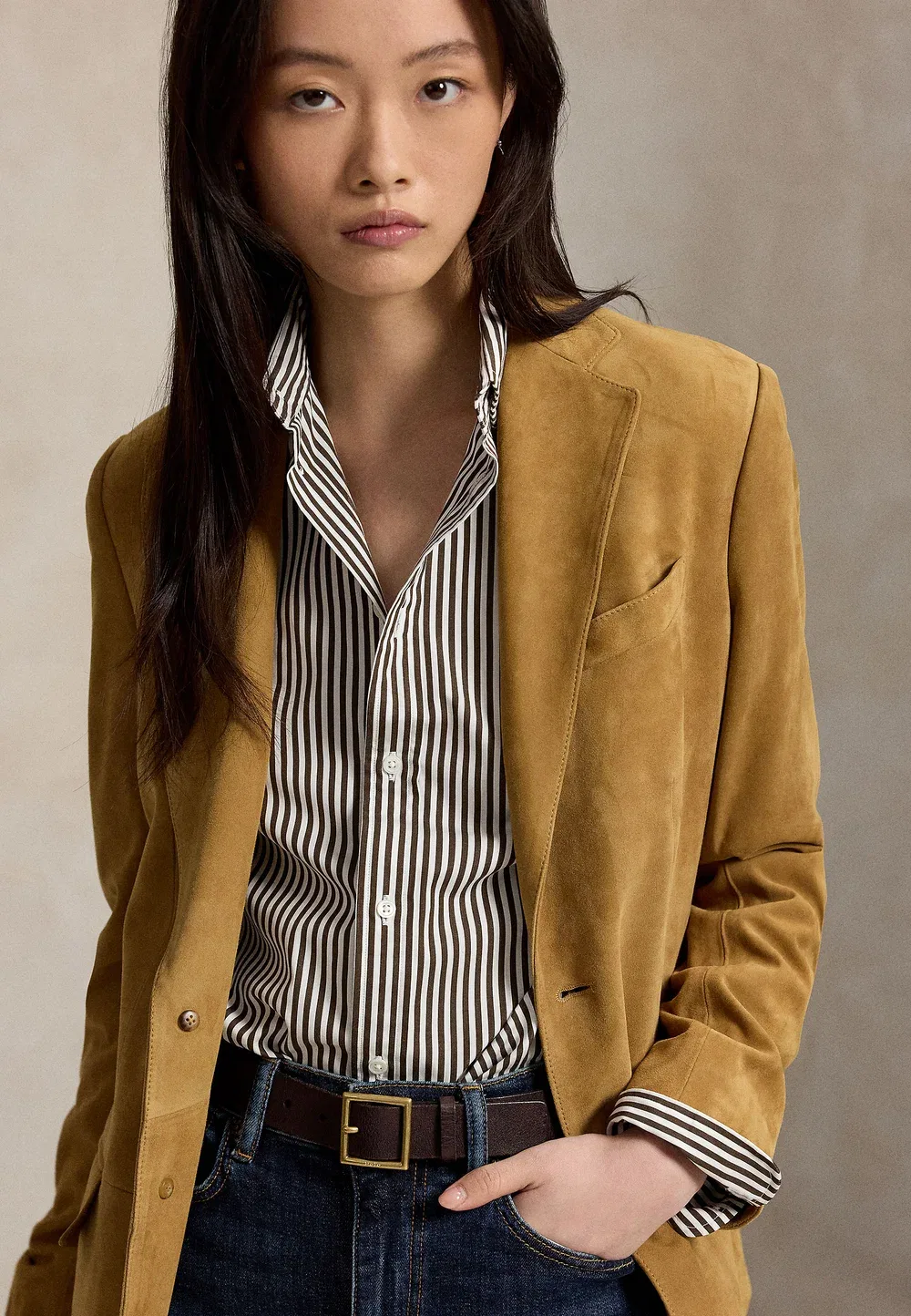 Свободная полосатая хлопковая рубашка - блузка на пуговицах Polo Ralph Lauren, Dark Brown/White — фото 4