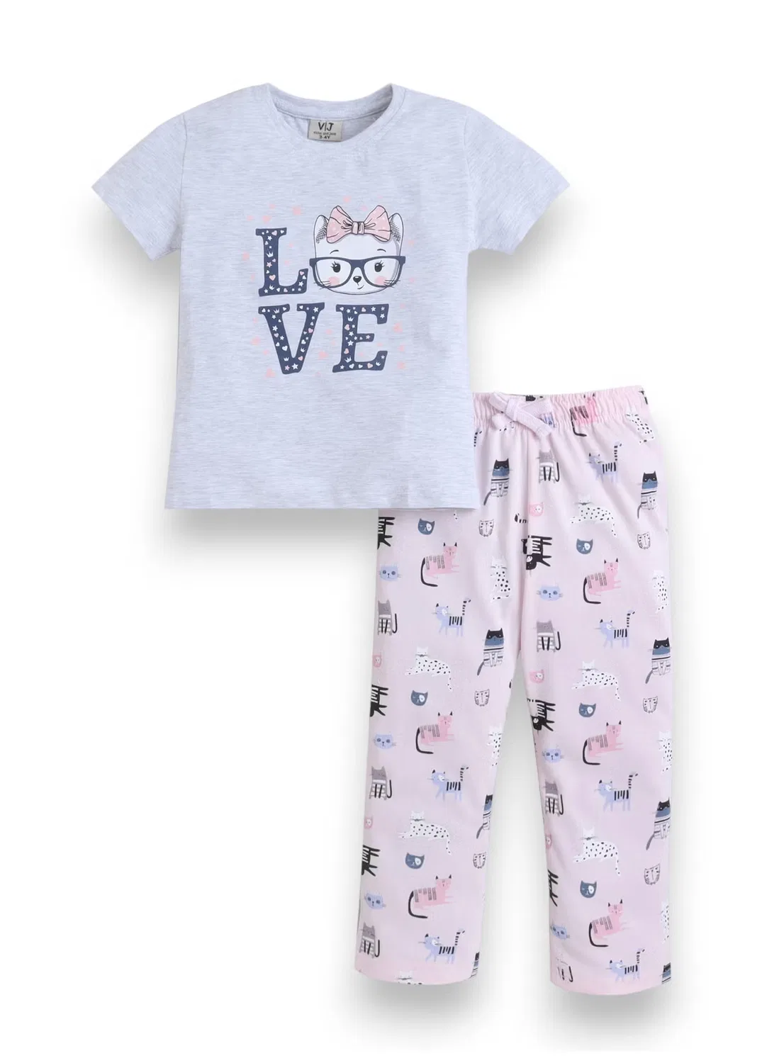 Комплект пижамы с принтом кошки и надписью LOVE, модель T-shirt & Full Pants, Victor And Jane, серый — фото 2