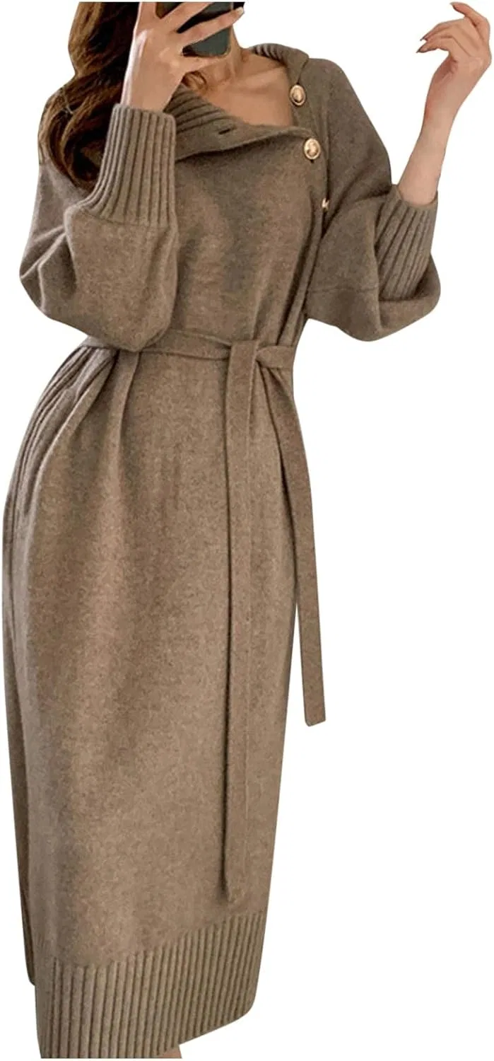 Женское элегантное платье-свитер с воротником-стойкой Ribbed, Khaki