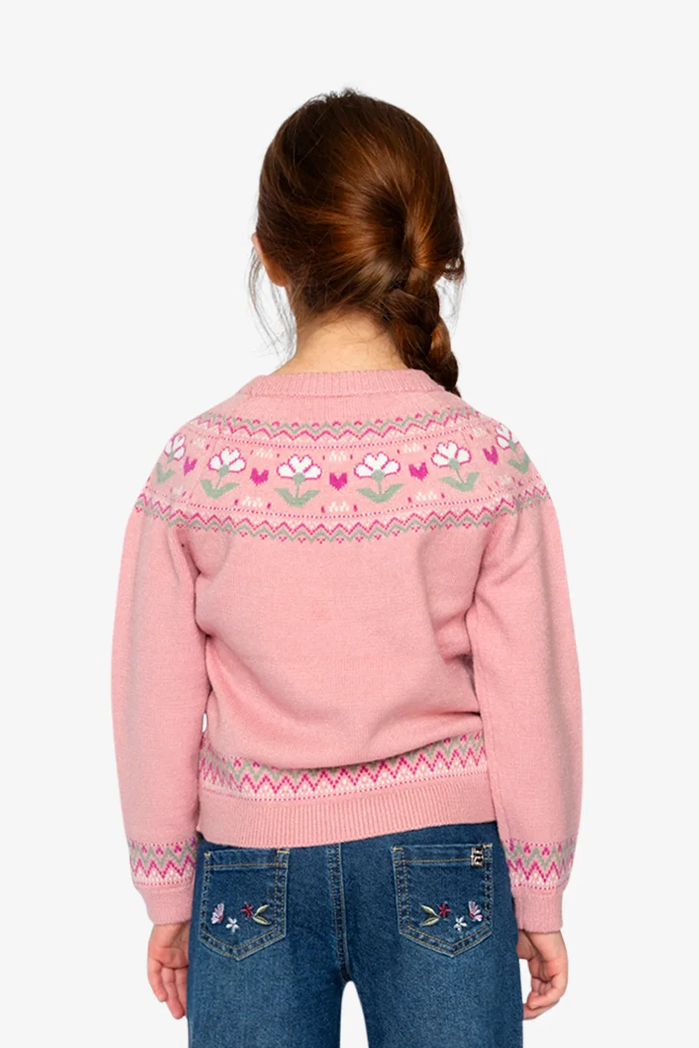 Детский свитер с длинным рукавом и цветочным жаккардом Flower Jacquard Deux par Deux, Pale Dusty Pink — фото 4