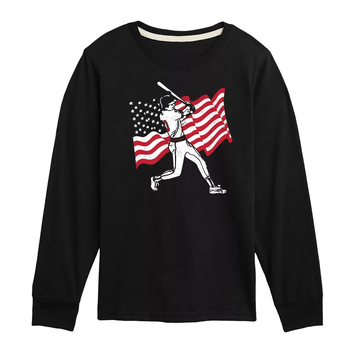 Детская футболка с длинным рукавом с принтом Baseball Player American Flag Instant Message, Navy
