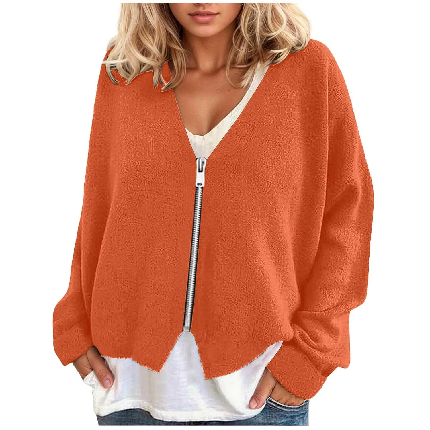 Женская куртка с длинным рукавом, молнией и V-образным вырезом, Colore: arancione