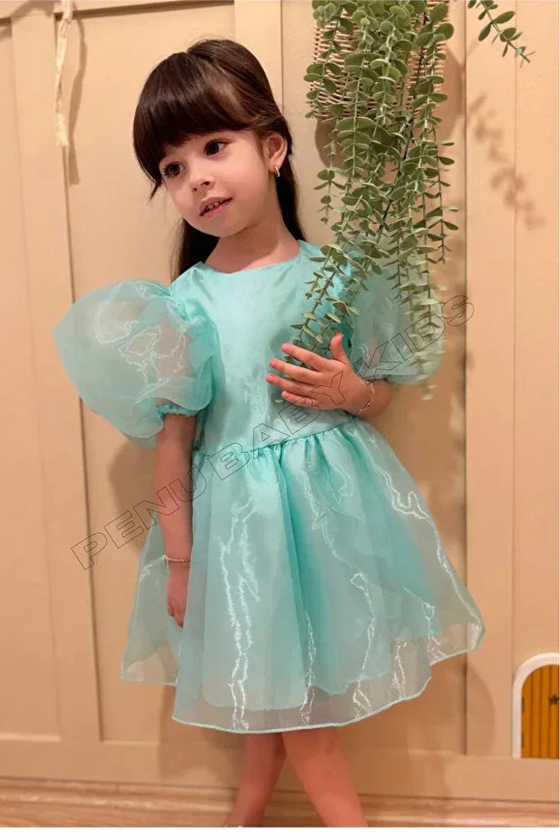 Детское платье для девочек с коротким рукавом Green Shiny Janjan Balloon Sleeve Girl's Dress Penu Baby Kids, Green
