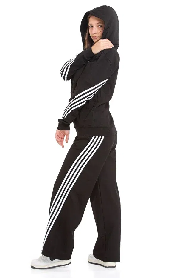 Детский спортивный костюм для девочек с принтом Striped Dri Fit Hooded 2-Piece Tracksuit Set Minigimin Cicileri, Black — фото 4