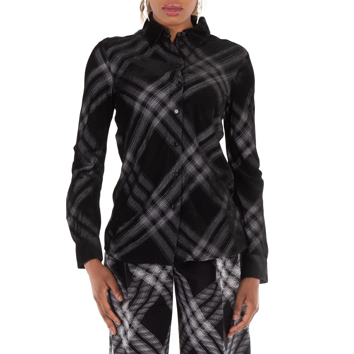 Женская рубашка с длинным рукавом, модель Long Sleeve Check-Print Button Down Shirt Burberry, Silver Tone