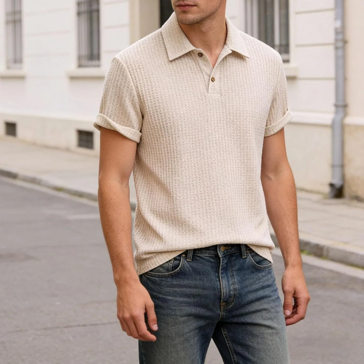 Мужское поло с коротким рукавом, Slim Fit, хлопковое, бежевый — фото 3