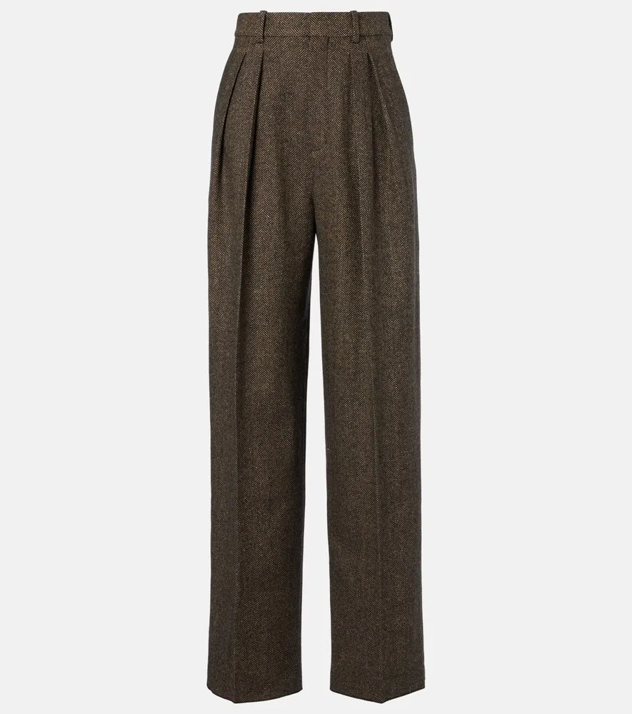 Широкие брюки из шерстяной смеси в елочку Saint Laurent, коричневый