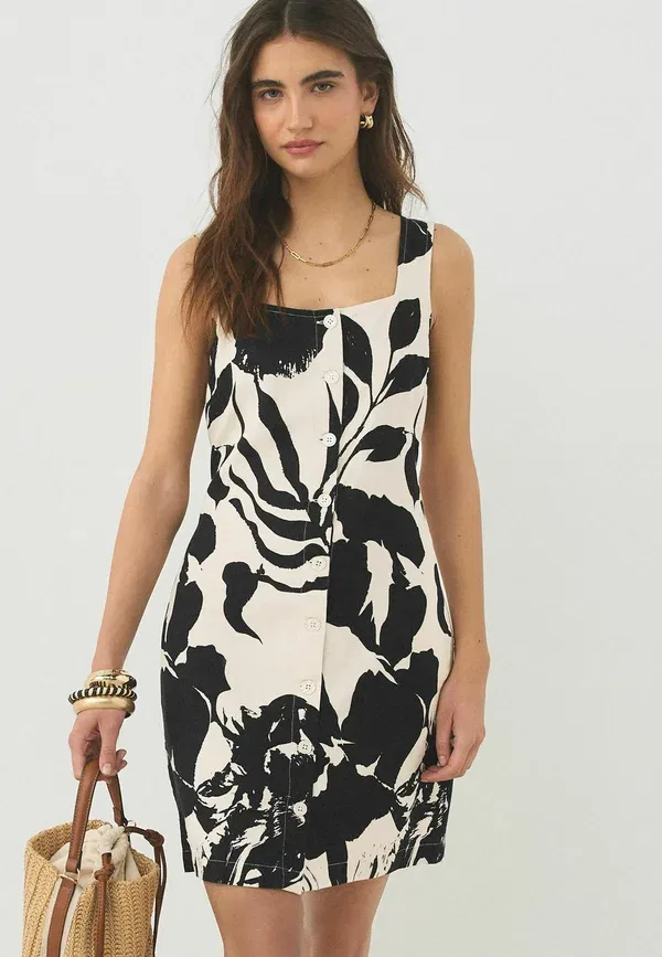 Платье мини из хлопка Regular fit Square neck button through mini shift dress Next, Monochrome Floral Printed