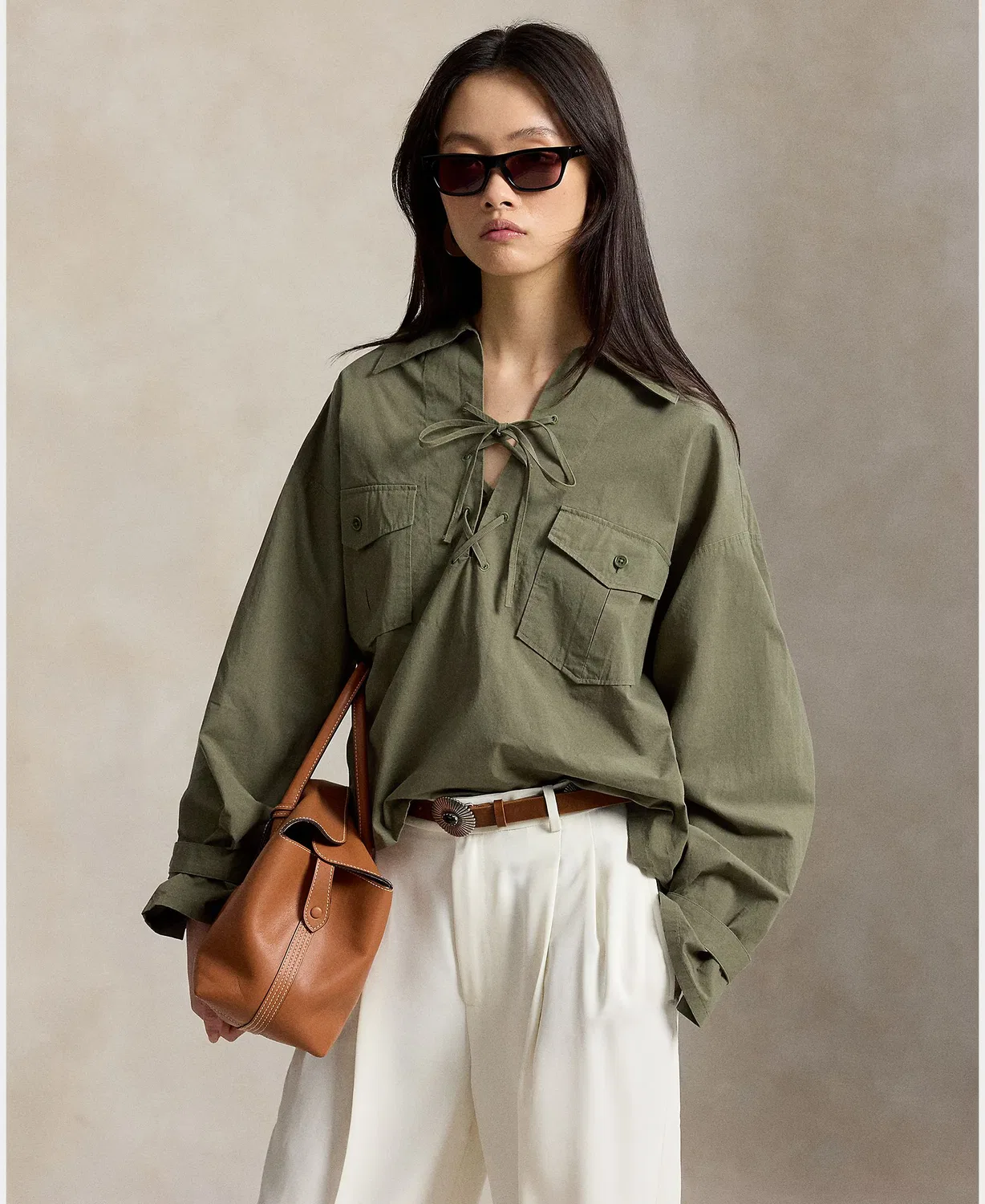 Женская рубашка из хлопка, Parche, Polo Ralph Lauren, темно-зеленый