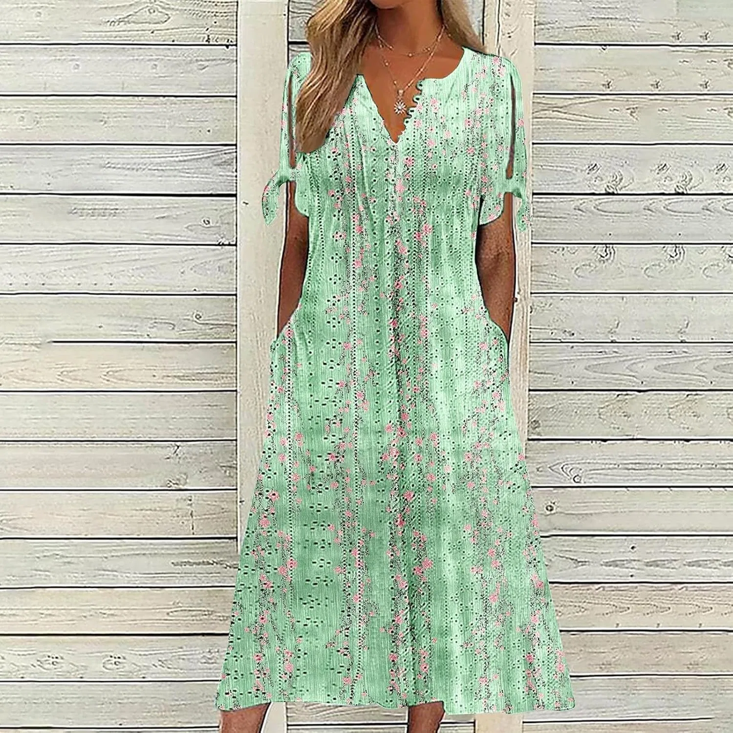 Женское летнее платье с вышивкой Eyelet Button V Neck Tie Knot Short Sleeve, Green — фото 2