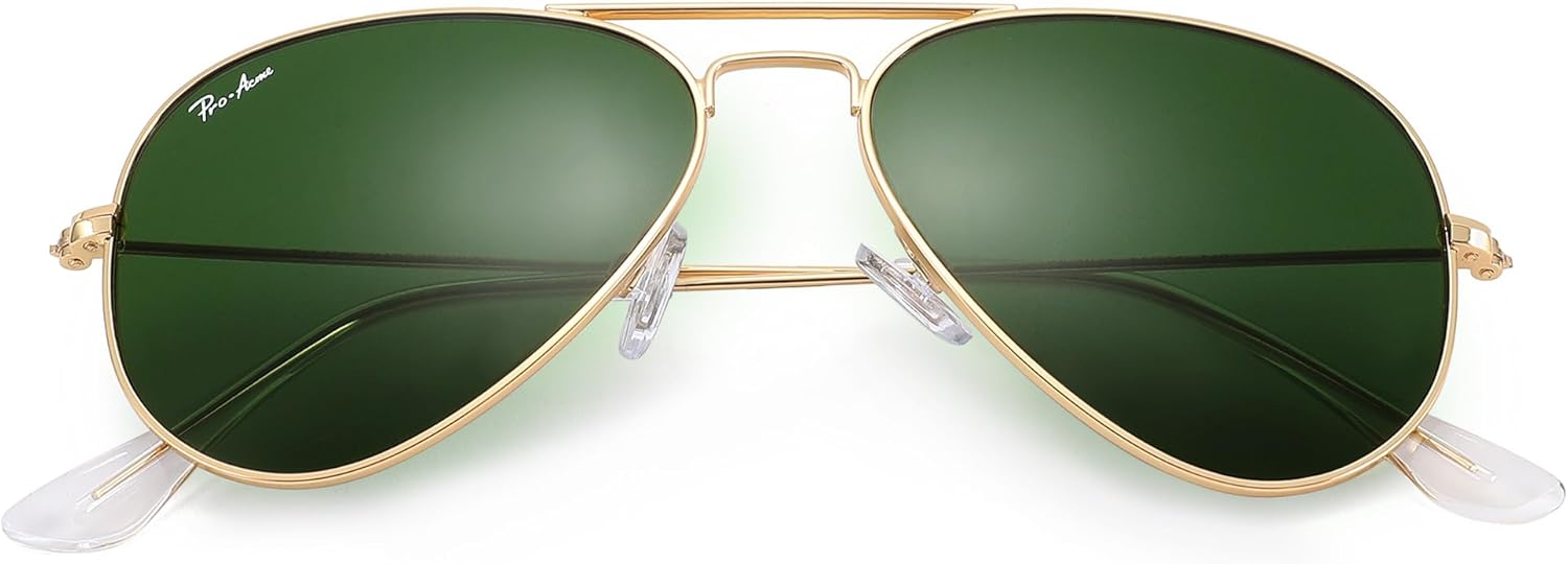 

Солнцезащитные очки Pro Acme Small Aviator с линзами из стекла, классической металлической оправой и защитой от УФ-излучения UV400, размер 55 мм, для мужчин и женщин, D Gold/G15 Green