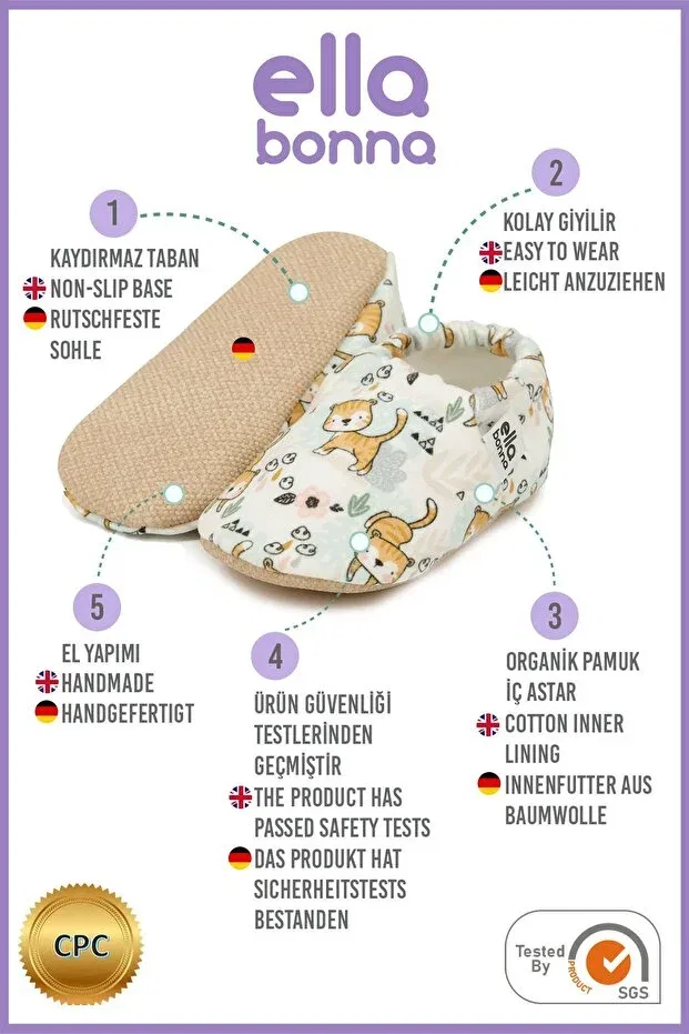 Детские пинетки для новорожденных с принтом Non-Slip Sole Cat Patterned Baby Booties Ella Bonna, Cat — фото 4