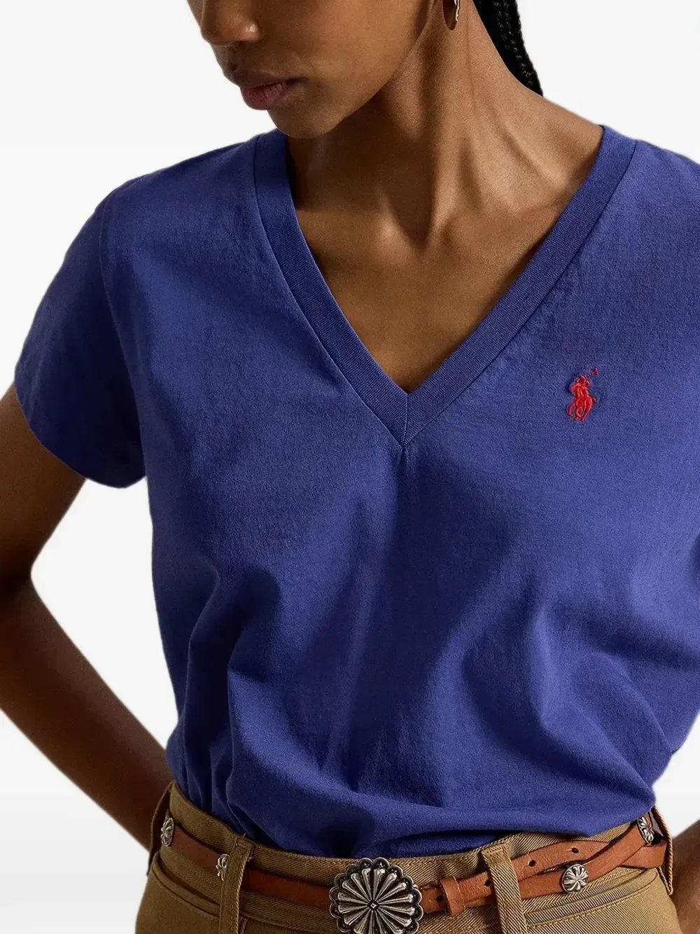 Футболка с V-образным вырезом и вышитым логотипом Polo Ralph Lauren, синий — фото 4