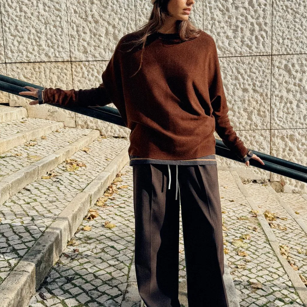 Женский свитер с круглым вырезом Chocolate ZARA, Шоколадный — фото 4