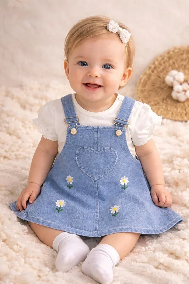 Детский комплект для девочек с принтом Daisy Embroidery Detailed Baby Girl Salopet Dress Set Aslin Store, Ecru — фото 2