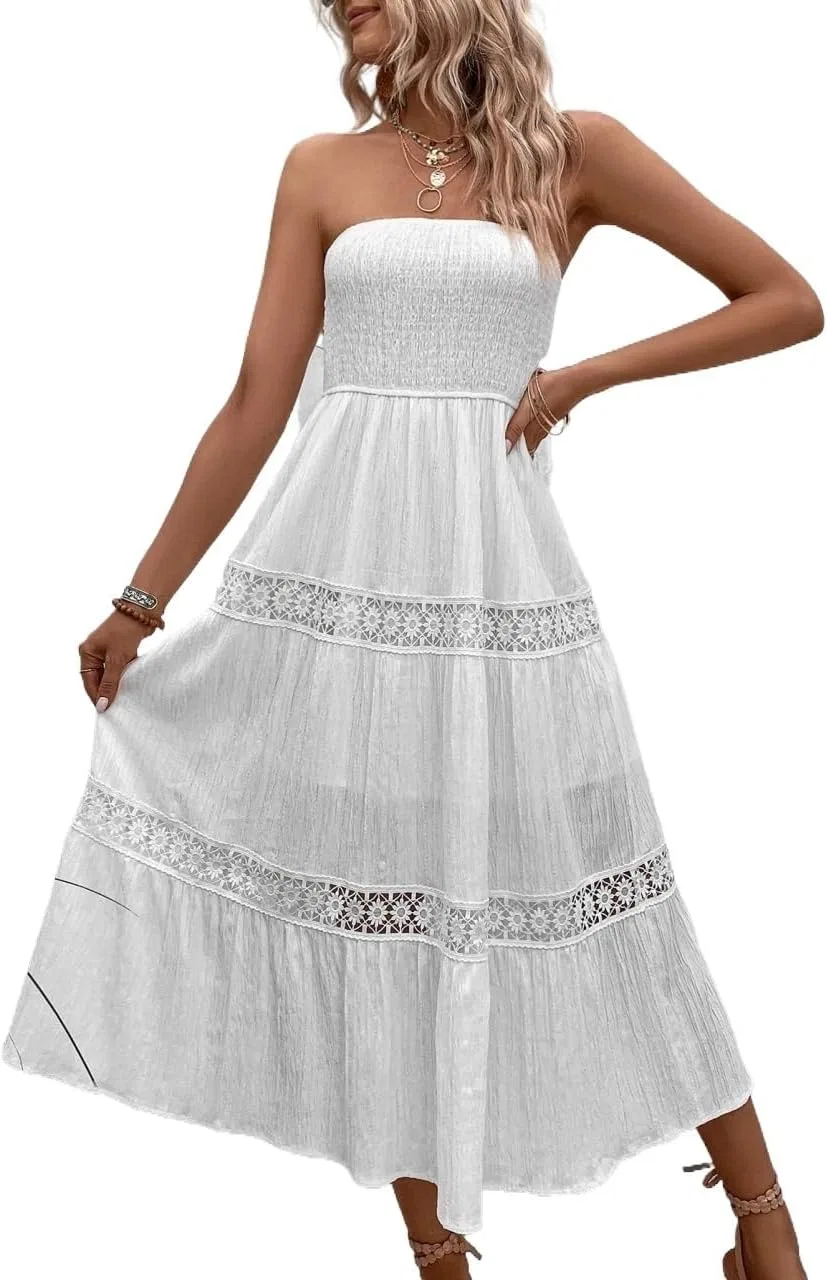 Женское A-силуэта миди платье с кружевом Strapless, White