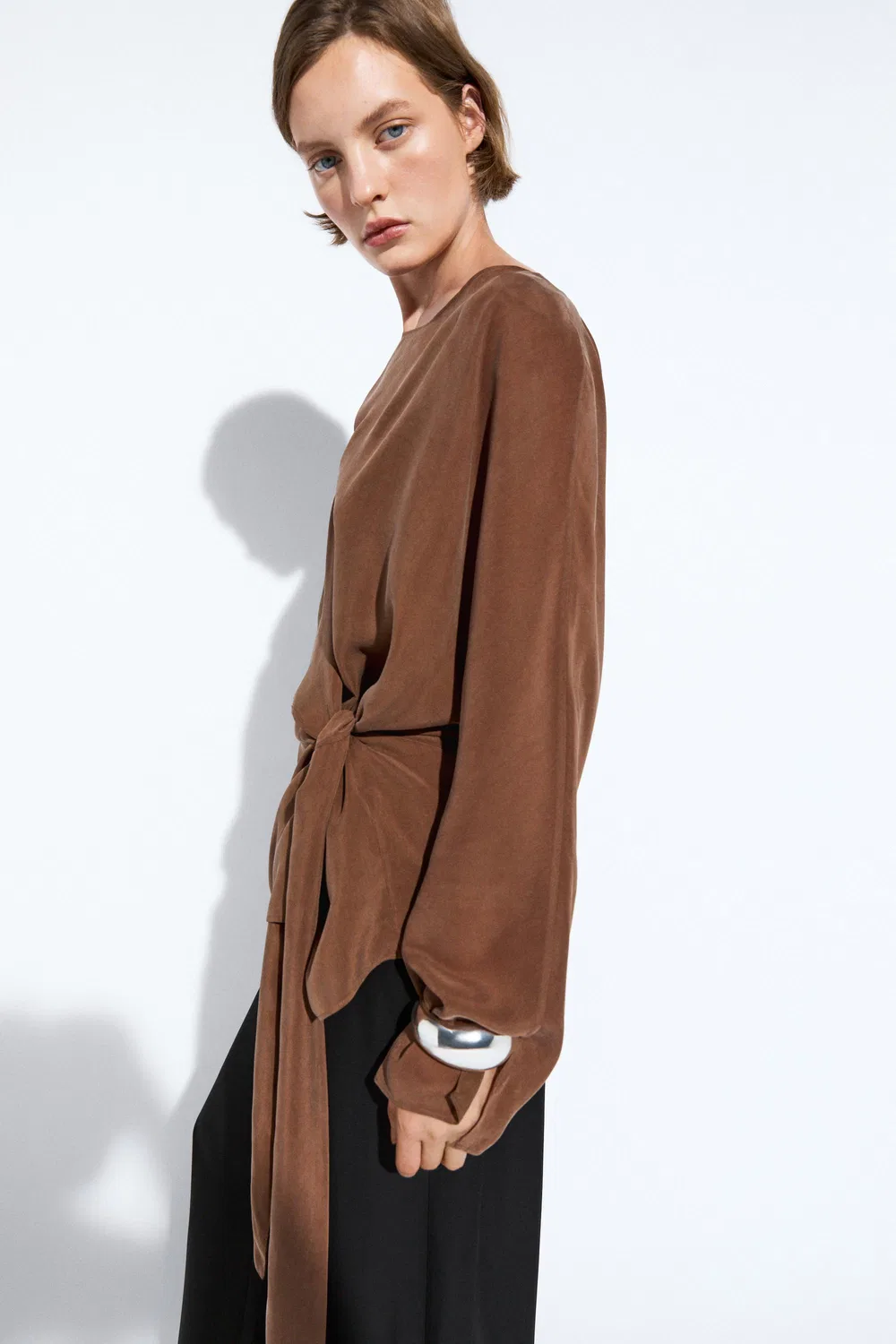 Кимоно Massimo Dutti, струящееся с завязками, коричневый — фото 3