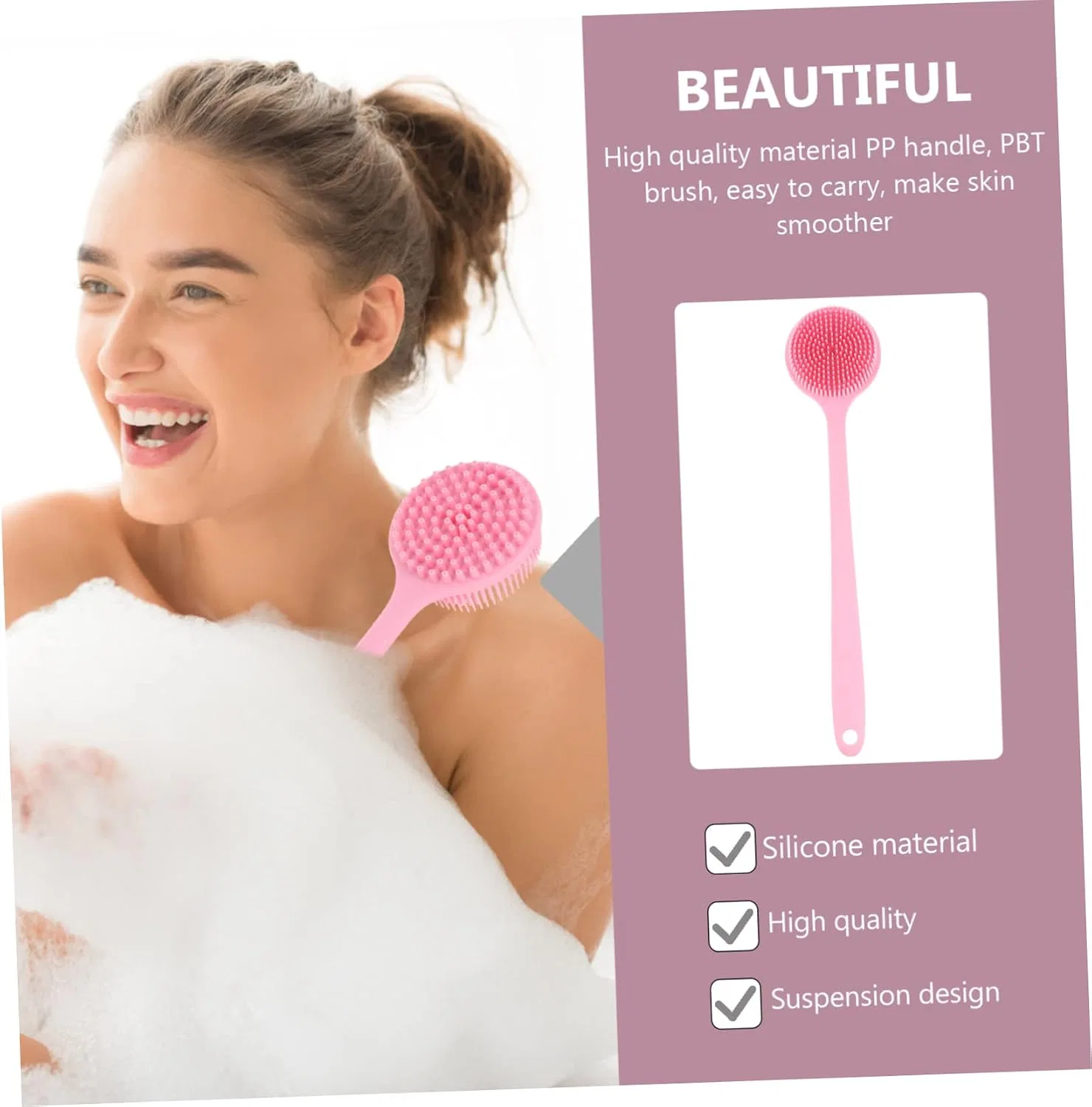 Силиконовая щетка для тела с длинной ручкой WOONEKY, 37x8 см, Pink — фото 2