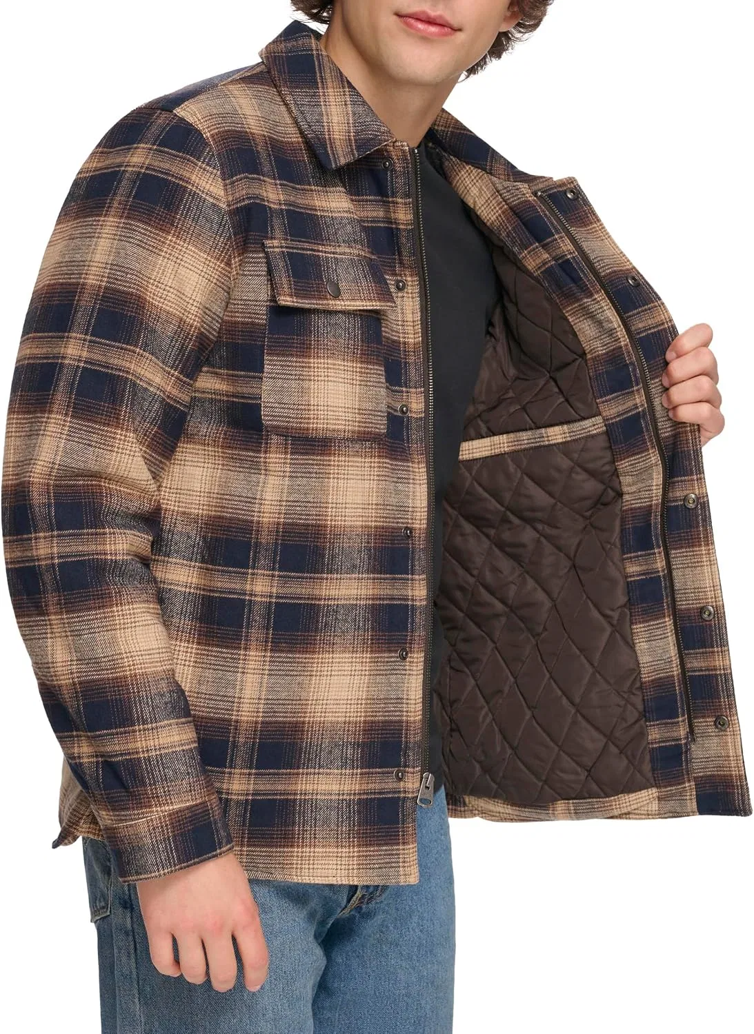 Мужская куртка-рубашка с капюшоном на флисе, клетчатая, Levi's, Driftwood Plaid — фото 4