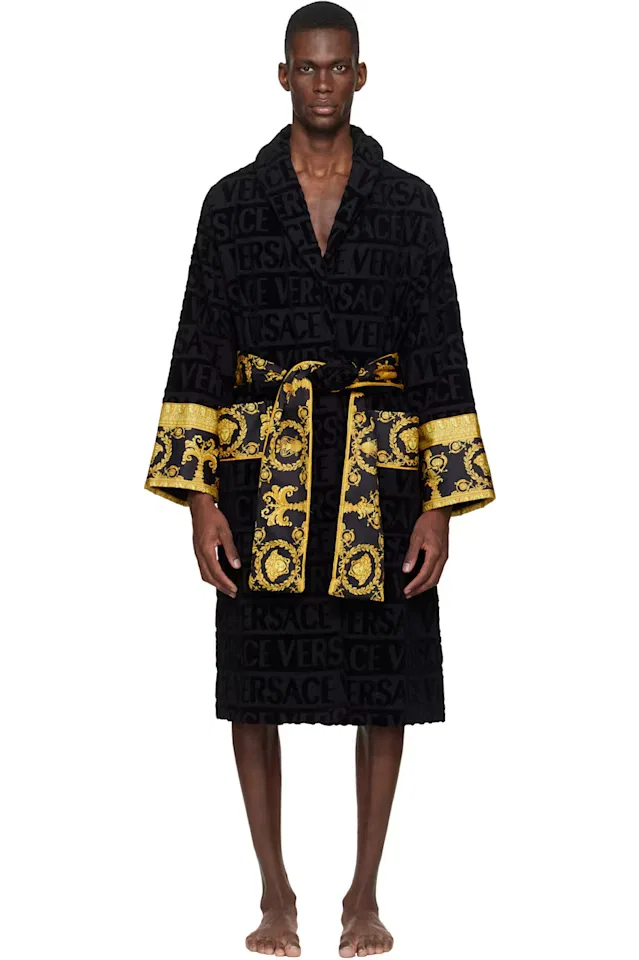 Черный банный халат с надписью Я люблю барокко Versace