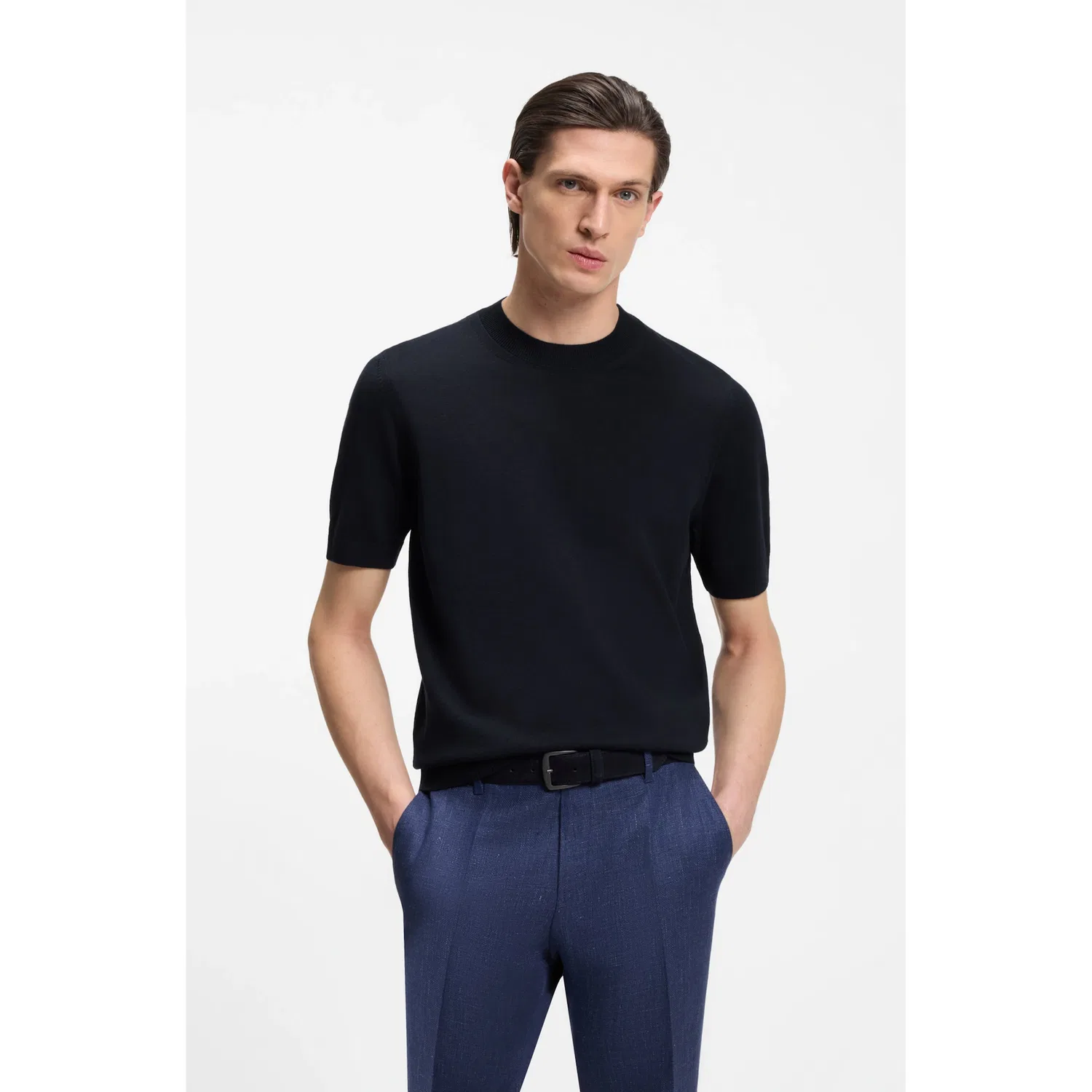 Мужской джемпер с коротким рукавом из мериносовой шерсти BOSS, Dark Blue