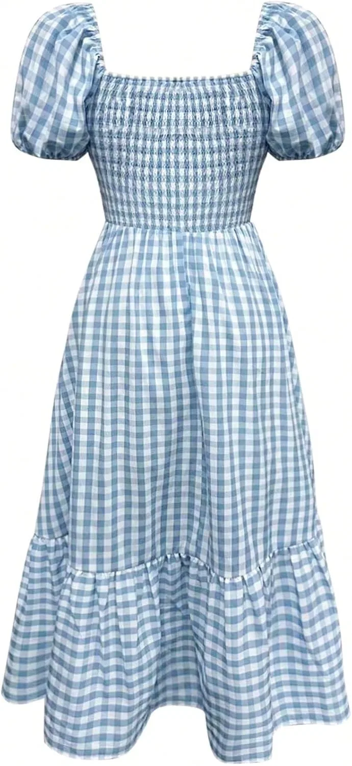 Женское миди-платье с пышными рукавами Casual, Blue and White