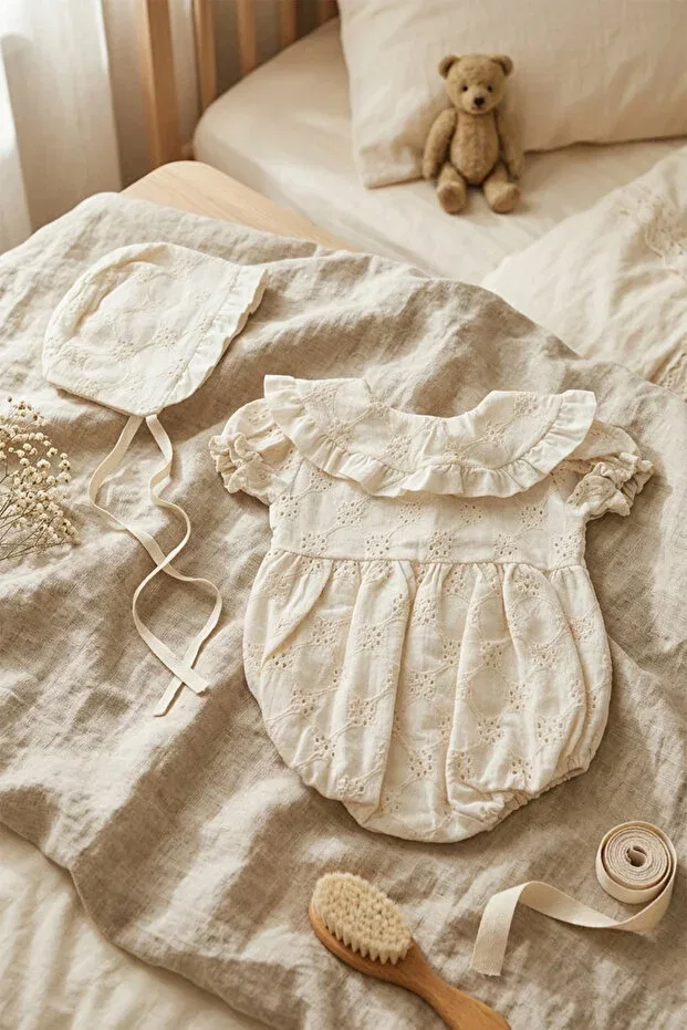 Детский комбинезон для девочек хлопковый Isabella vintage baby romper Celyse, Nude Color — фото 2