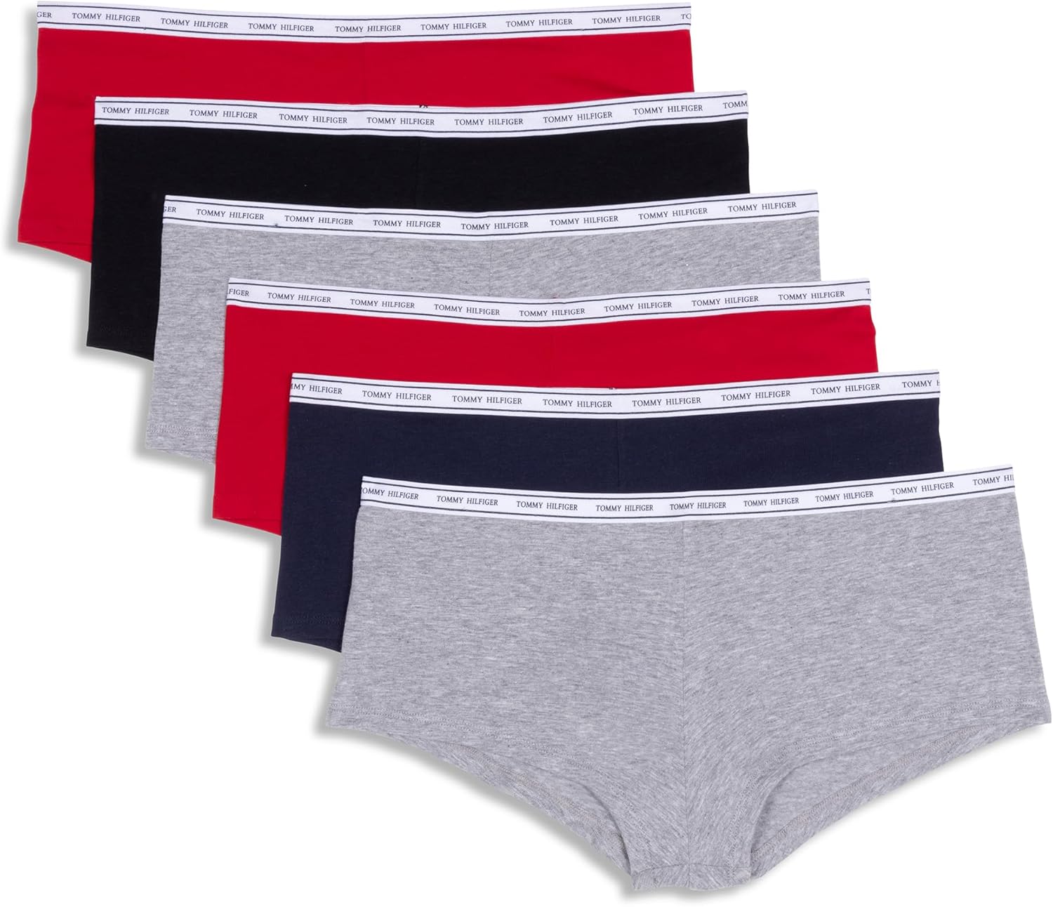 

Женское нижнее белье Tommy Hilfiger, базовые трусики-шорты из мягкого хлопка, 6 шт., Heather Grey/Navy /Red /Black