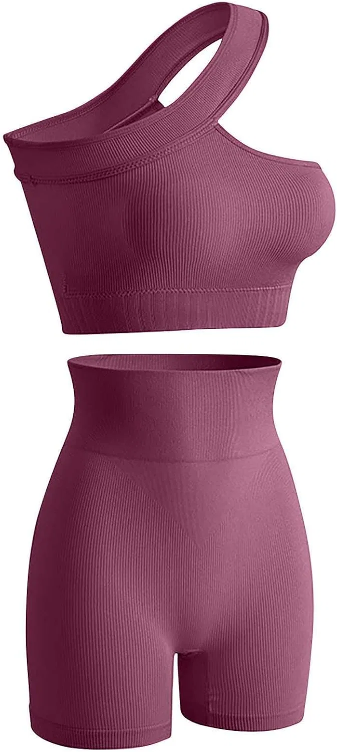 Спортивный костюм для женщин, топ на одно плечо и шорты, бренд Generic, Hot Pink — фото 3