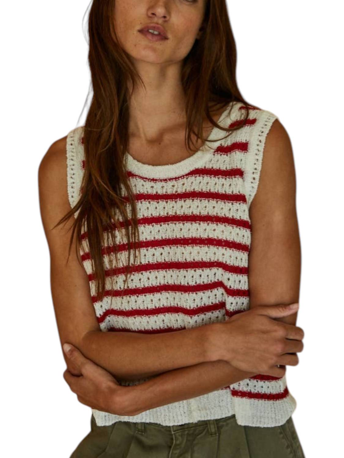 

Knit Sweater Acrylic Nylon Striped Sleeveless Top In Ivory Red By Together