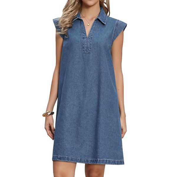 

Джинсовое платье для женщин с v-образным вырезом и короткими рукавами Inspire Chic, Blue